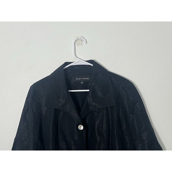 Randy Kemper Button Down Shiny Black Linen Blend Blouse Size 12 - Picture 2 of 15